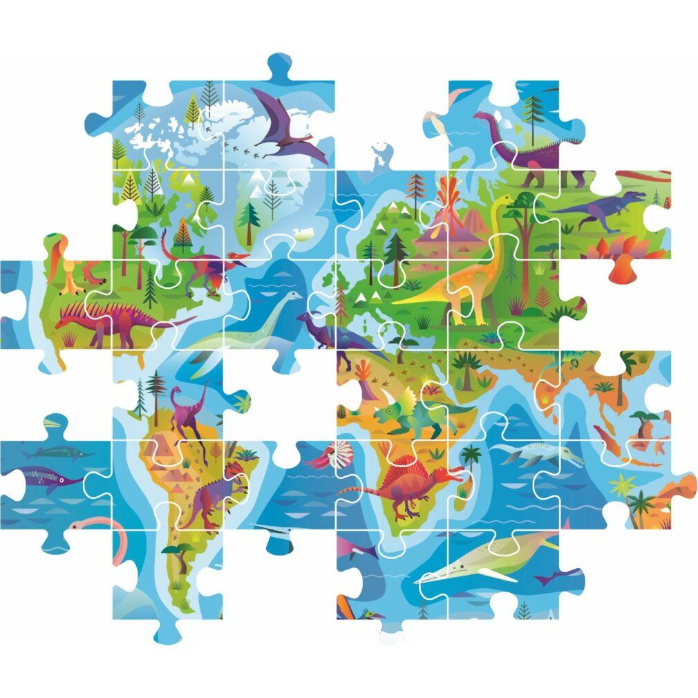 Puzzle assemblato con mappa dei dinosauri. Mappa del mondo con illustrazioni di dinosauri. I pezzi del puzzle mostrano i continenti e i dinosauri.