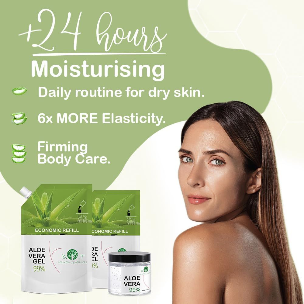 Donna con gel all'aloe vera. Prodotti: Aloe Vera Gel 99% e ricarica. Testo: +24 ore di idratazione, routine quotidiana per la pelle secca.