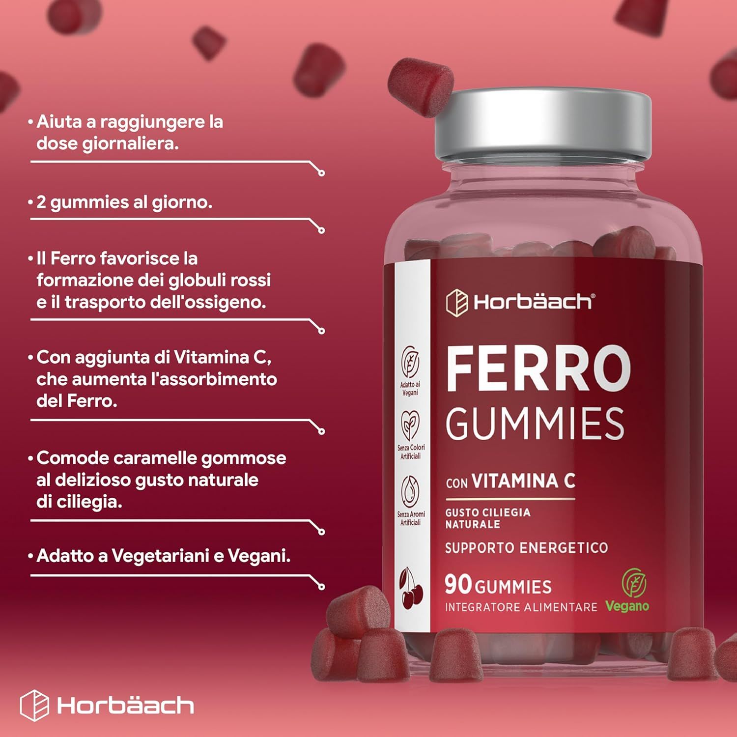 Flacone Horbäach Ferro Gummies con Vitamina C. 90 caramelle. Testo: Aiuta la dose giornaliera. Adatto a vegetariani e vegani.