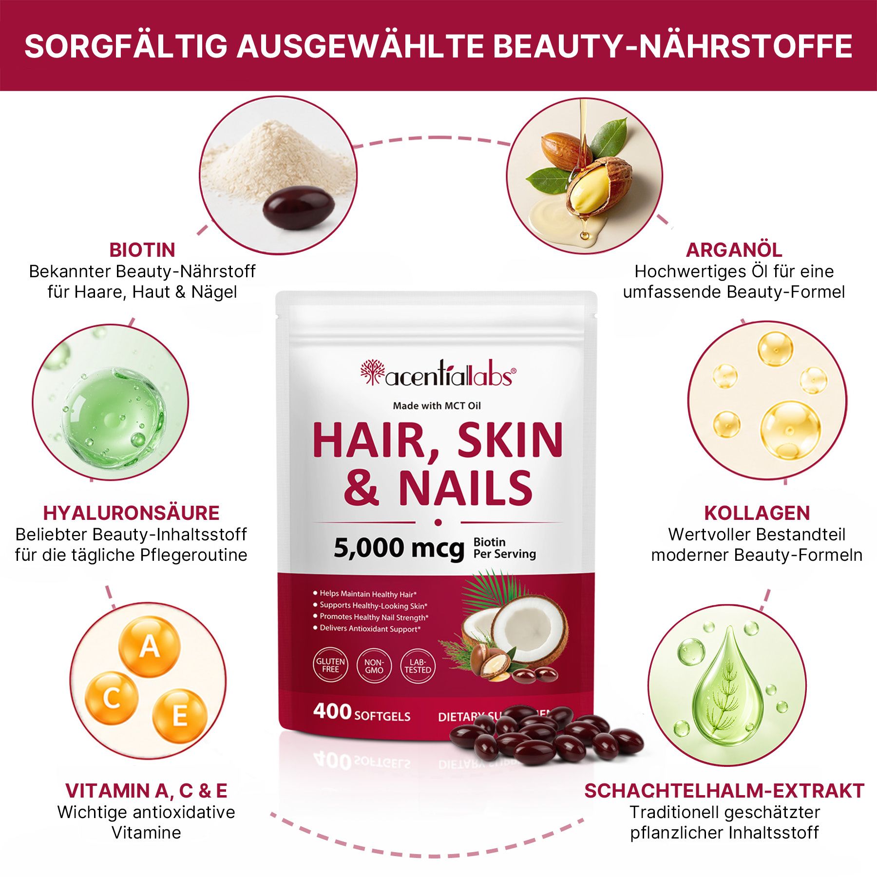 Confezione integratore "Hair, Skin & Nails", 5.000 mcg biotina, 400 softgel. Contiene biotina, acido ialuronico, olio di argan, collagene, vitamine A, C, E, estratto di equiseto.