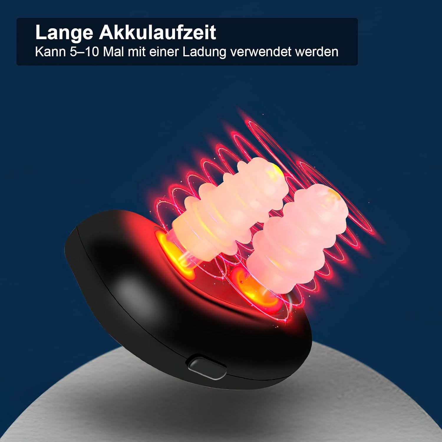 Dispositivo nasale con luce rossa. Testo: Lunga durata della batteria. Utilizzabile 5-10 volte con una carica. Onde luminose rosse.