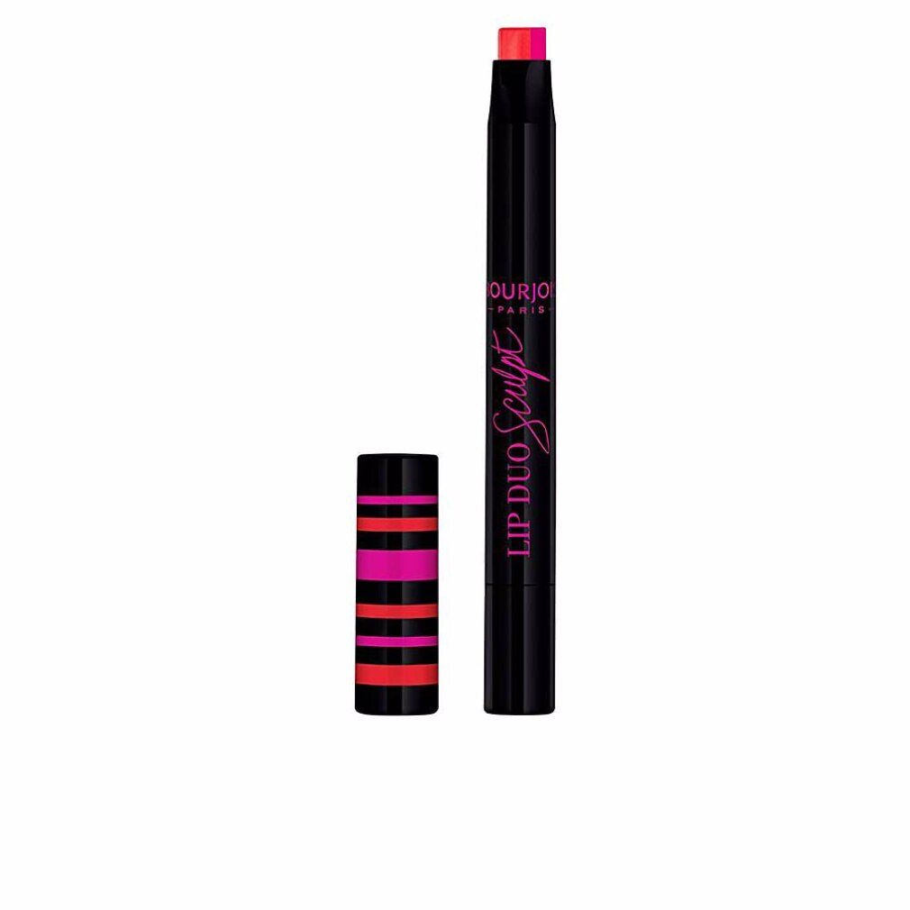Duo rossetto con astuccio nero. Il cappuccio a strisce rosa e rosse è rimosso. Il rossetto è aperto, mostrando il colore.