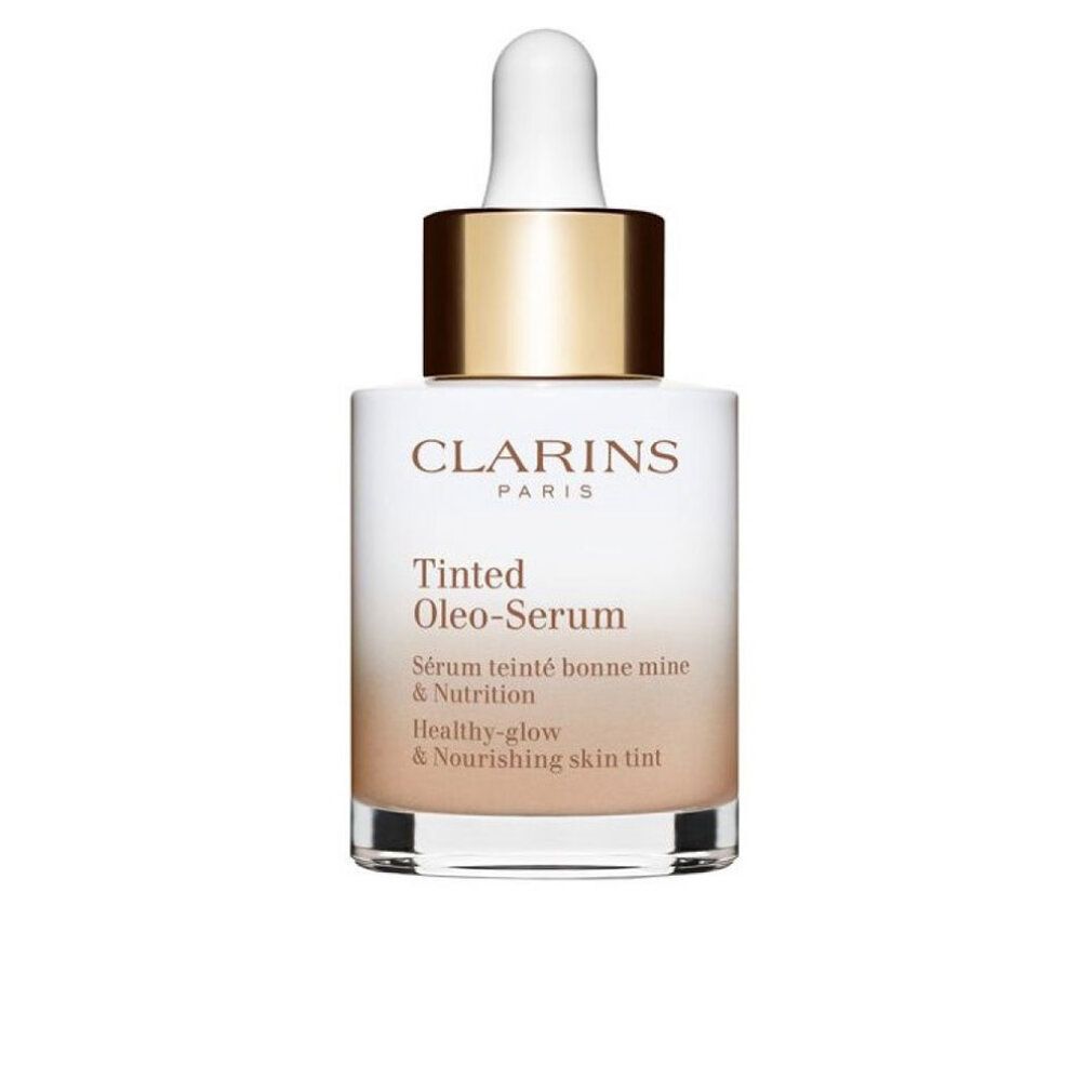 Flacone con pipetta. Scritta: Clarins Paris, Tinted Oleo-Serum. Sfumatura da bianco a marrone.