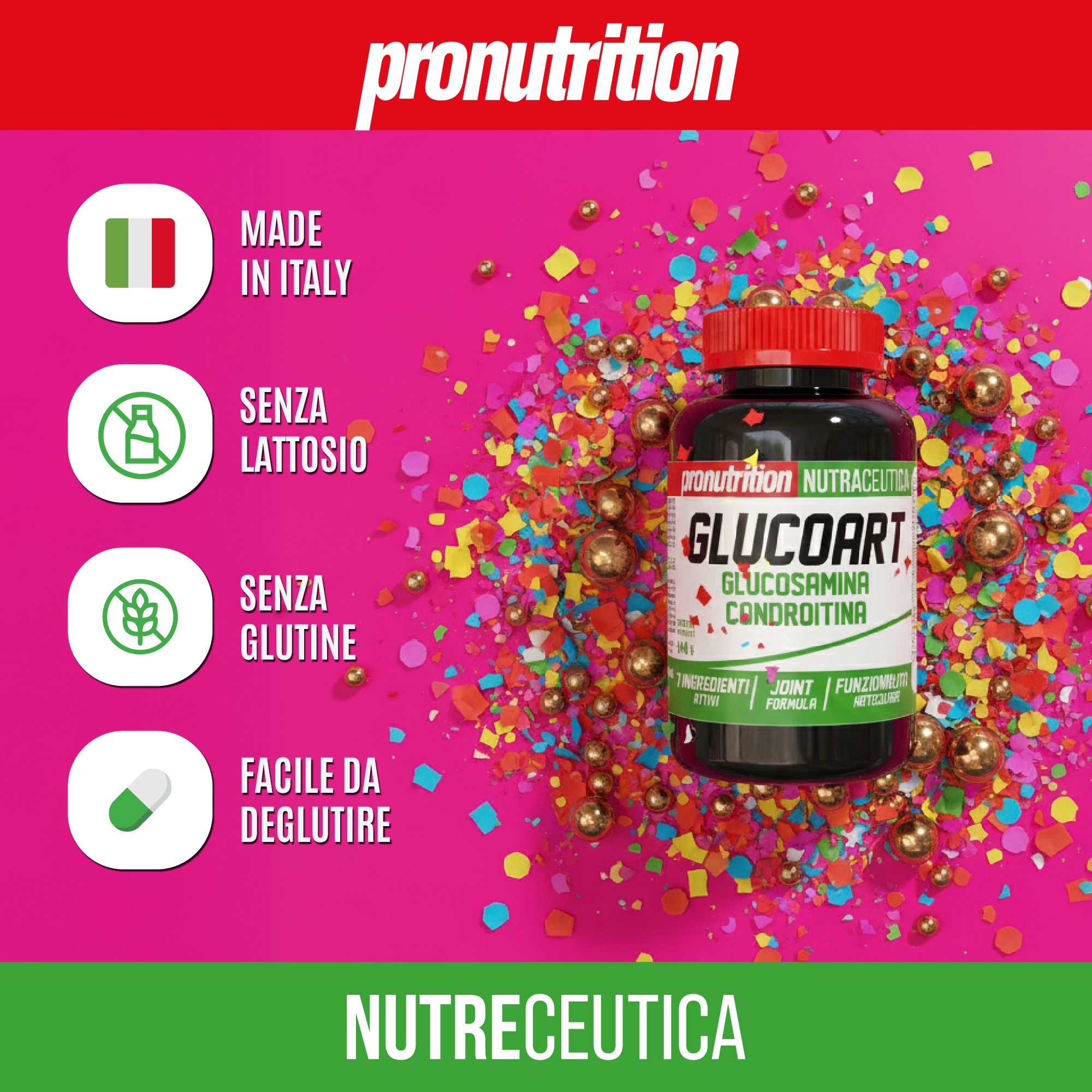 Flacone nero con tappo rosso. Scritta: GLUCOART GLUCOSAMINA CONDROITINA. Testo: MADE IN ITALY, SENZA LATTOSIO, GLUTINE, FACILE DA DEGLUTIRE.