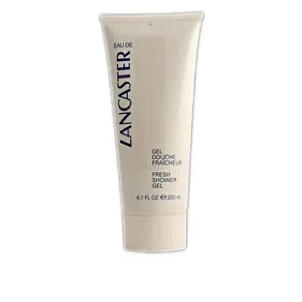 Gel doccia beige in tubo. Scritta: Lancaster Gel Douche Fraicheur Fresh Shower Gel. 6.7 FL.OZ. e 200 ml.