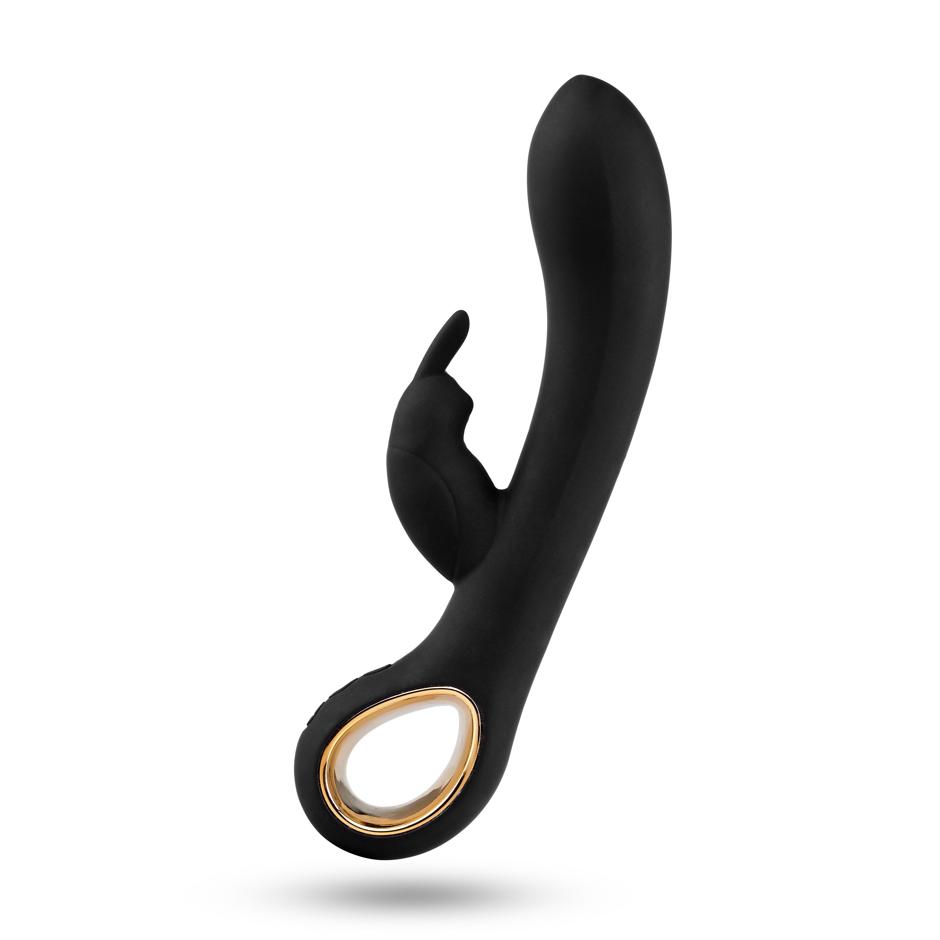 Vibratore nero con accessorio a orecchie di coniglio e anello dorato. Forma curva.