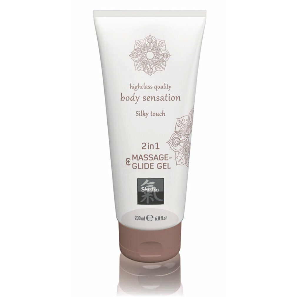 Gel massaggio e scivolamento 2 in 1, tocco setoso, tubo 200ml con simbolo asiatico.
