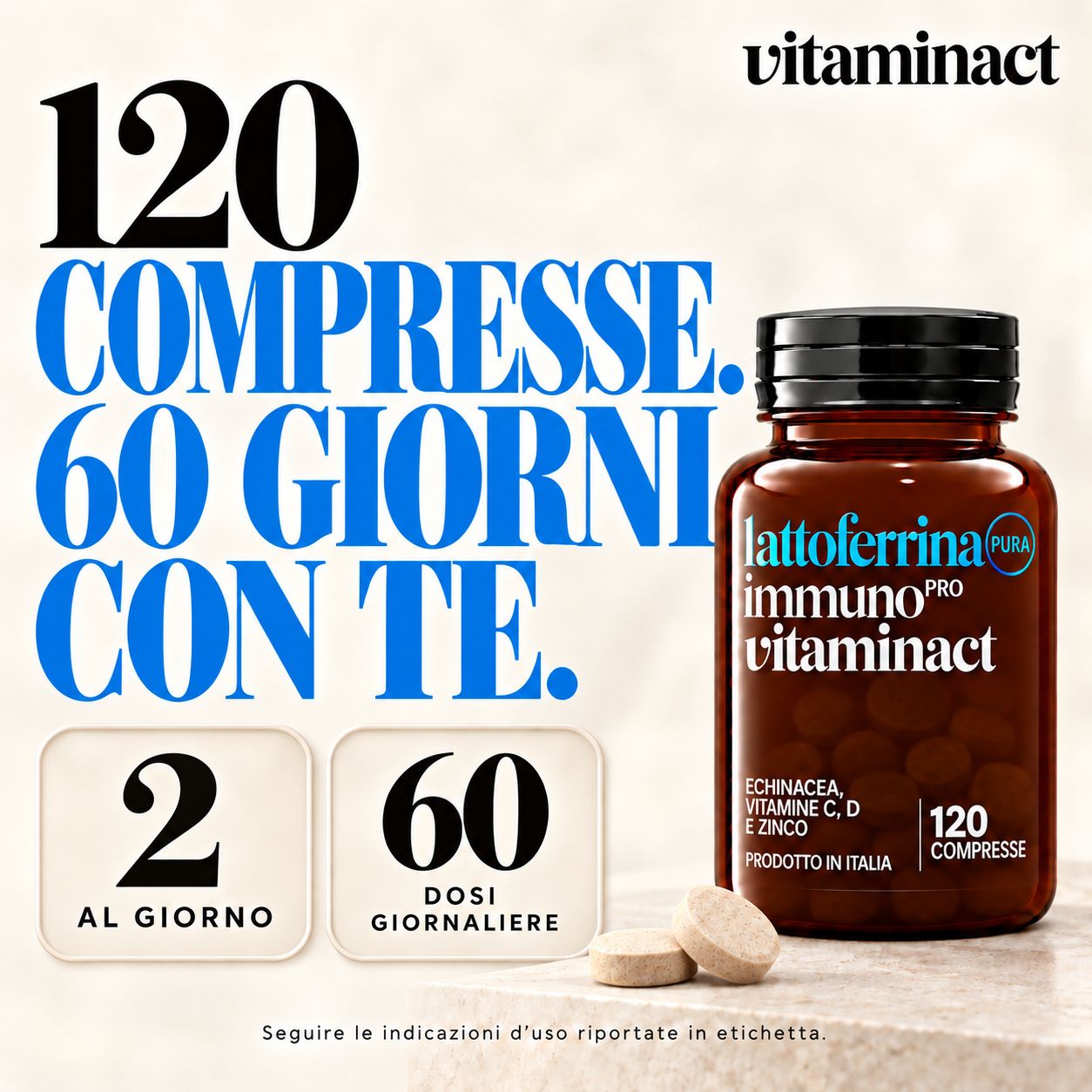 Flacone di Lactoferrin Immuno Pro di Vitaminact, 120 compresse.