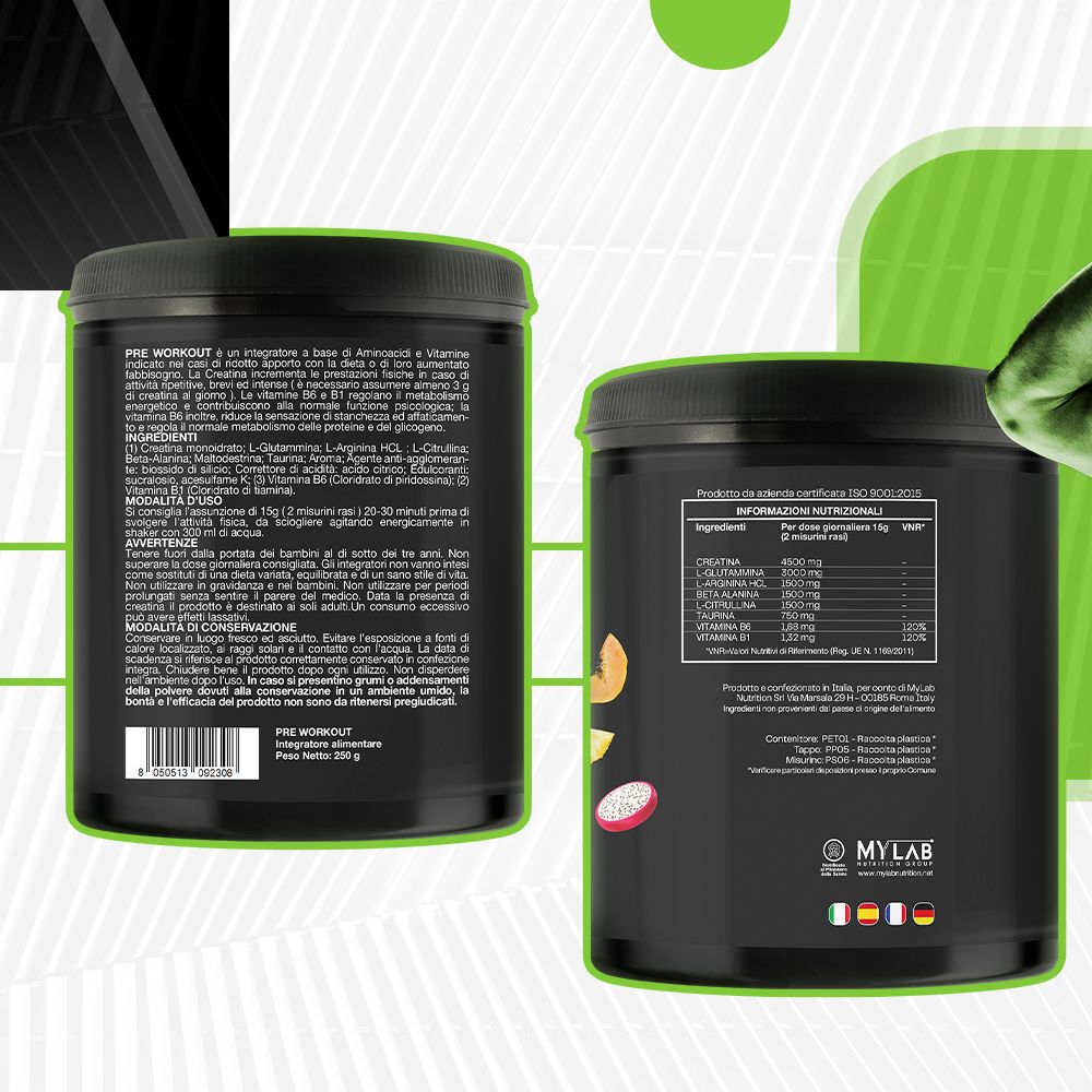 Due barattoli neri 'Pre Workout'. Retro con ingredienti e informazioni nutrizionali. Frutta tropicale raffigurata.