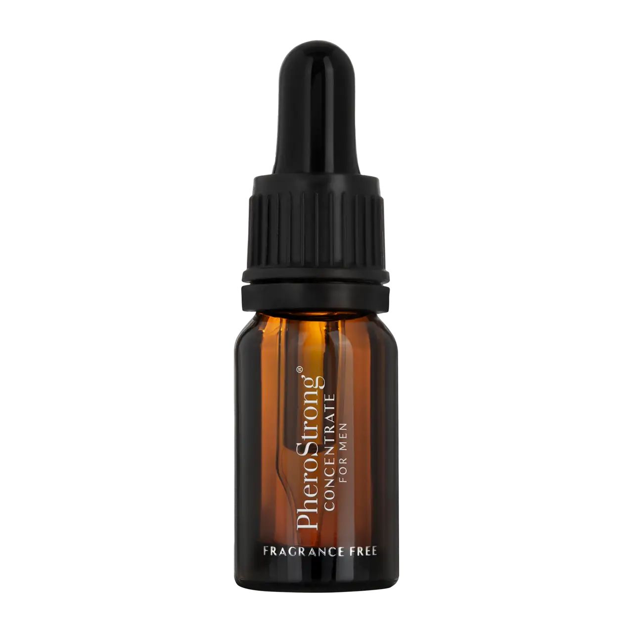 Flacone di vetro marrone con contagocce nero. Scritta: PheroStrong Concentrate for Men, Fragrance Free.