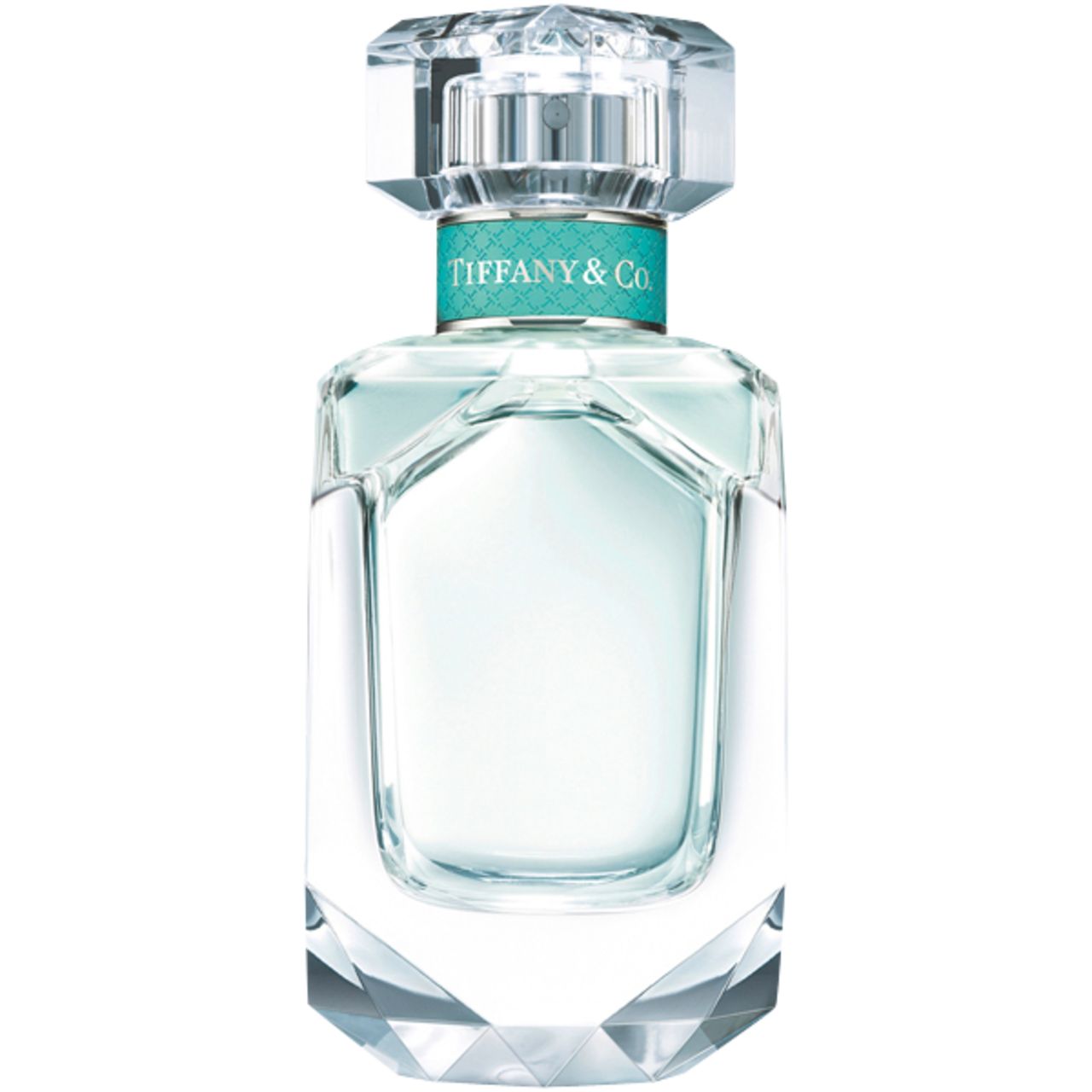 Flacone in vetro con fascia blu e tappo. Tiffany & Co. EdP Nat. Spray. Flacone trasparente sfaccettato, fascia turchese.