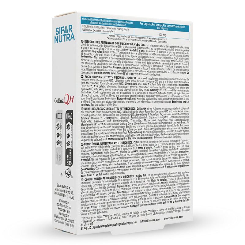Retro della confezione Sifar Nutra CoEnz QH. Testo in più lingue.