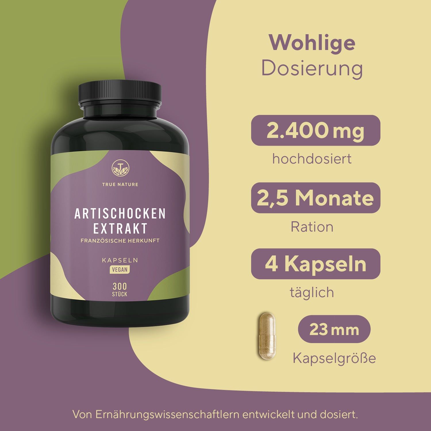 Flacone scuro con capsule. Testo: Estratto di carciofo, 300 pezzi, vegano. 4 capsule al giorno, 23 mm.