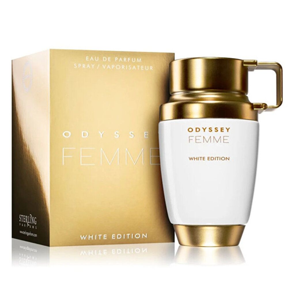 Flacone di profumo e confezione. Flacone bianco con tappo e manico dorati. Confezione dorata con nome del prodotto e logo.