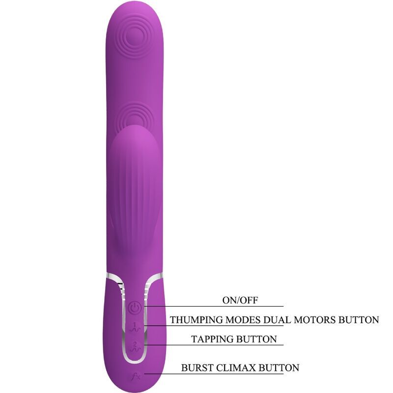 Vibratore coniglio viola con controlli: On/Off, Modalità Thumping, Tapping, Burst Climax.