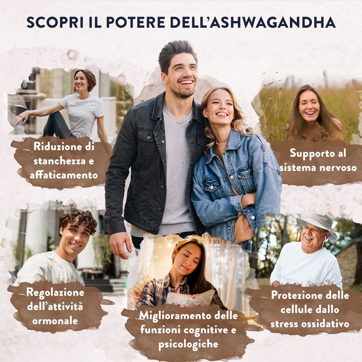 Coppia sorridente. Scritta: Riduzione della fatica, Supporto del sistema nervoso. Marchio: AAVALABS.