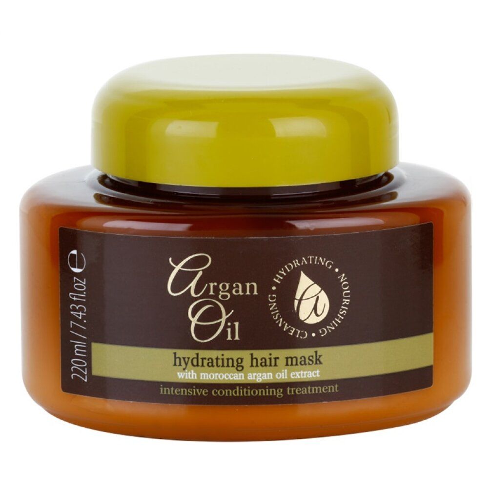 Vasetto in vetro marrone con tappo giallo, maschera per capelli idratante all'olio di argan, 220ml.