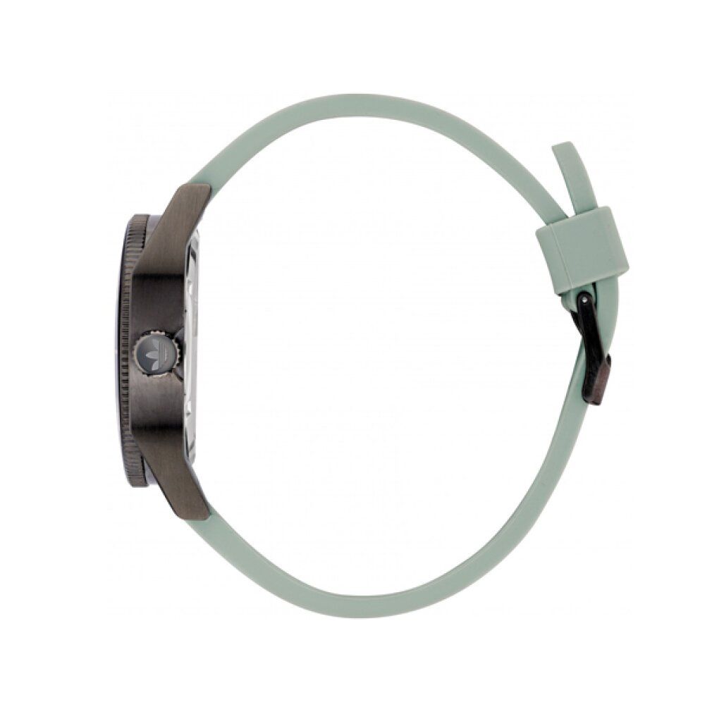 Orologio con cinturino verde chiaro. Cassa nera, vista laterale. Corona e attacco cinturino visibili.