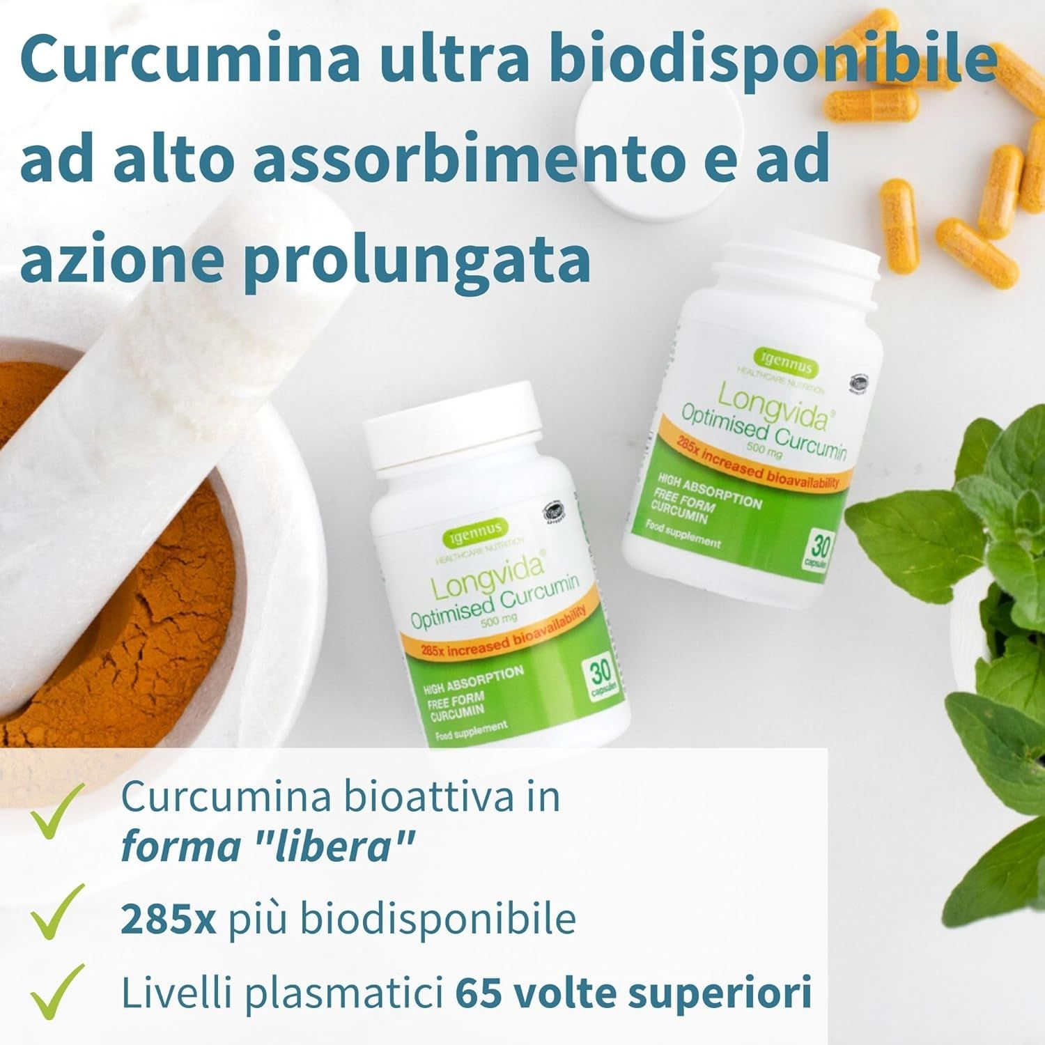 Due flaconi di capsule. Testo: Curcumina ultra biodisponibile ad alto assorbimento e ad azione prolungata.