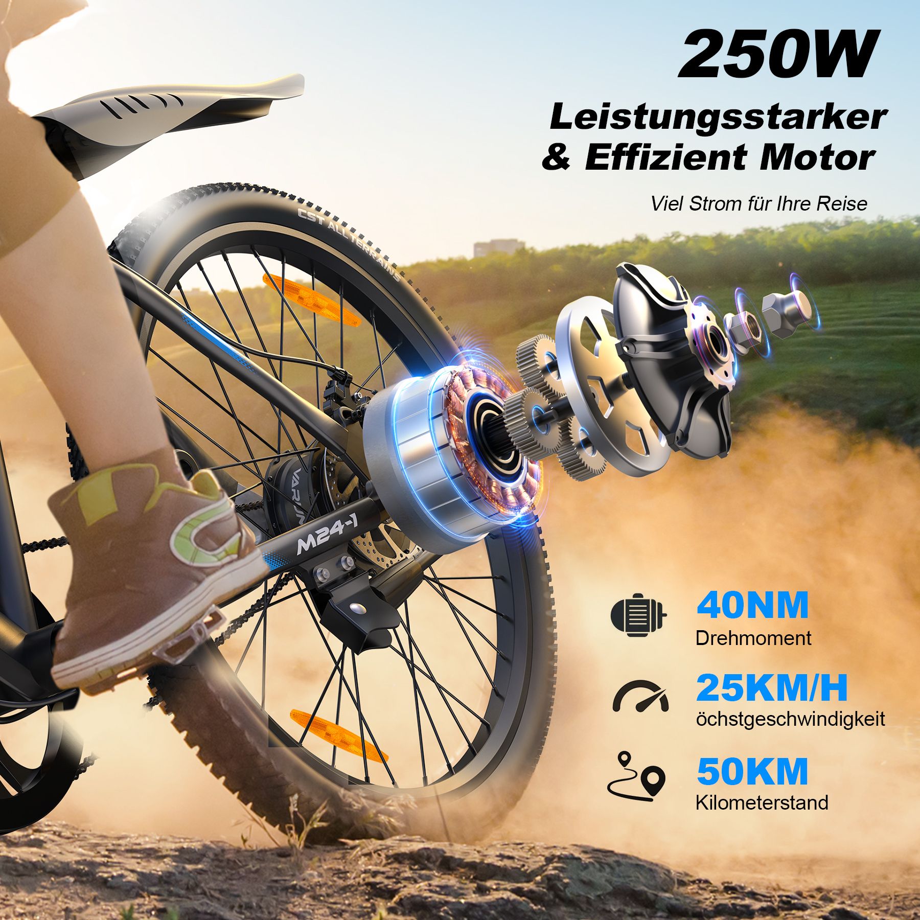 Esploso del motore di una e-bike. Testo: 250W, coppia 40NM, velocità massima 25KM/H, autonomia 50KM.