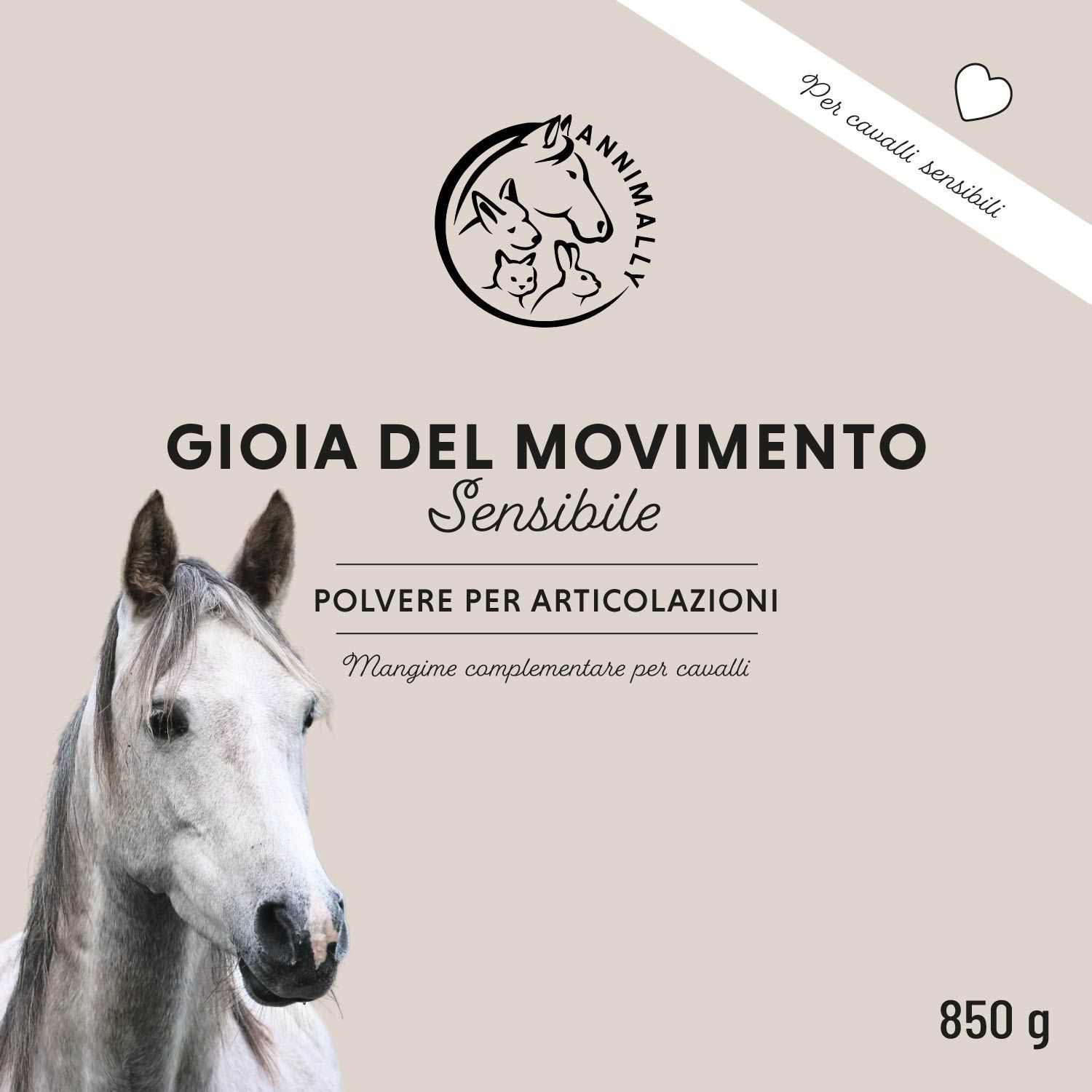 Confezione prodotto con logo e testo: Gioia del Movimento Sensibile, Polvere per Articolazioni, 850 g. Testa di cavallo.