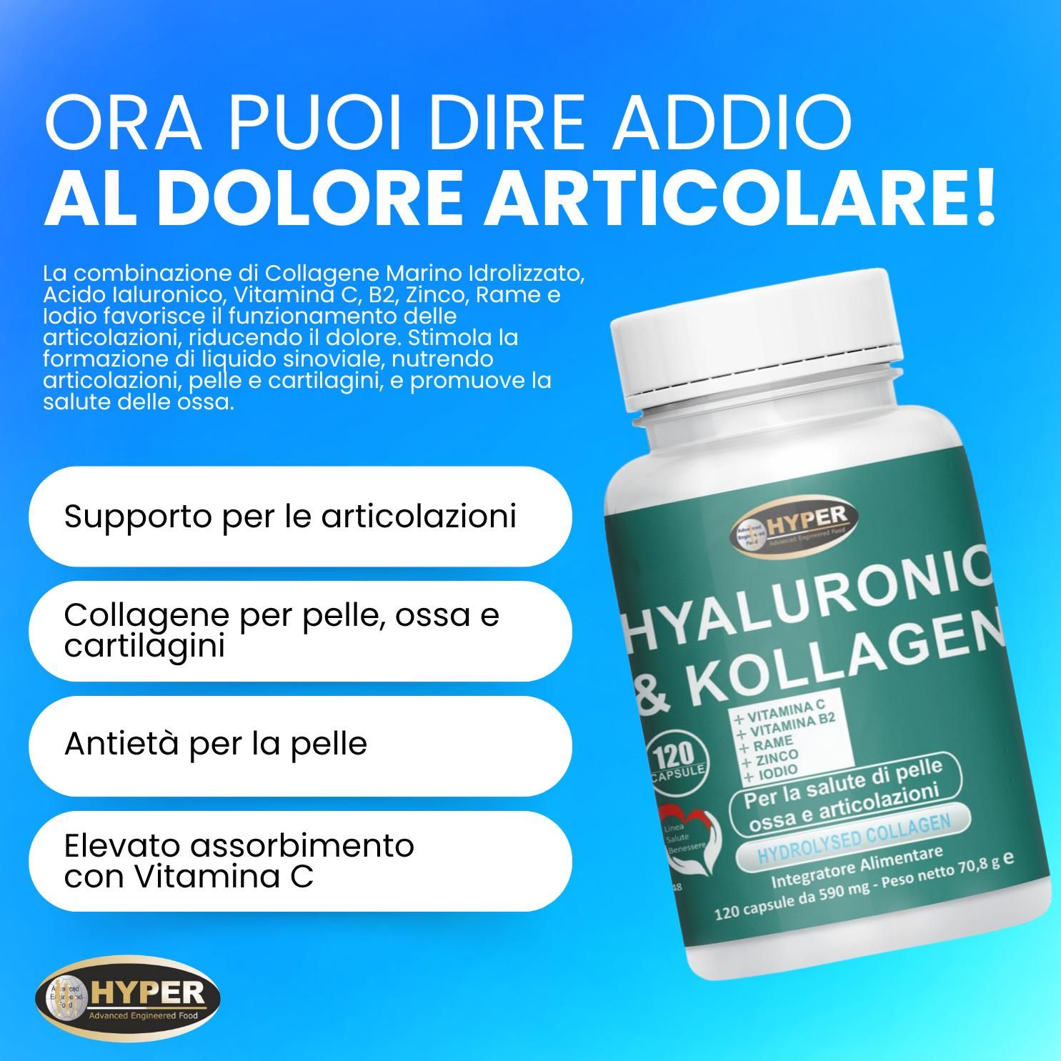 HYPER Hyaluronic Kollagen 120cps Acido Ialuronico + Collagene + Vitamine + Minerali Articolazioni