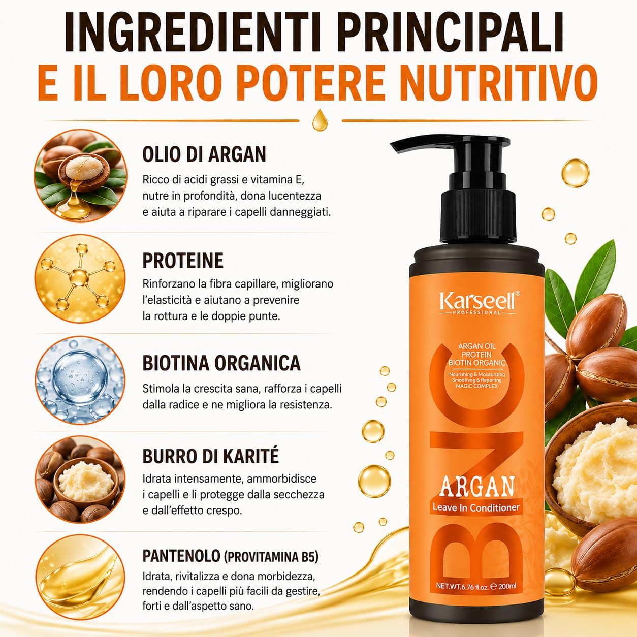 Flacone arancione di Karaseell Argan Leave-In Conditioner con dispenser a pompa. Accanto sono raffigurati frutti di argan e una ciotola di burro di karité.