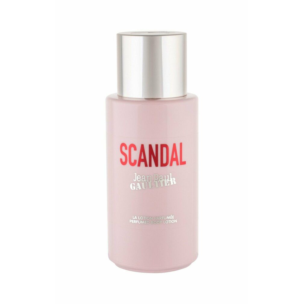 Flacone rosa con tappo argentato. Scritta SCANDAL, Jean Paul Gaultier. La Lotion Parfumée, Perfumed Body Lotion.