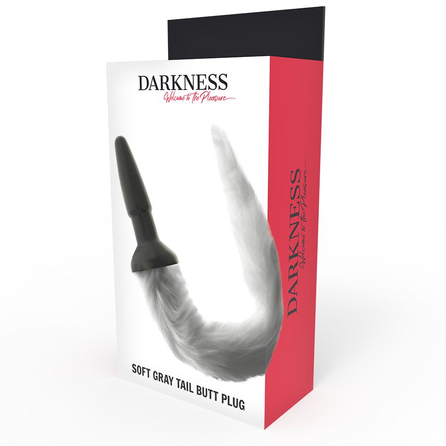 Confezione per un butt plug grigio morbido con coda. Marca: DARKNESS.