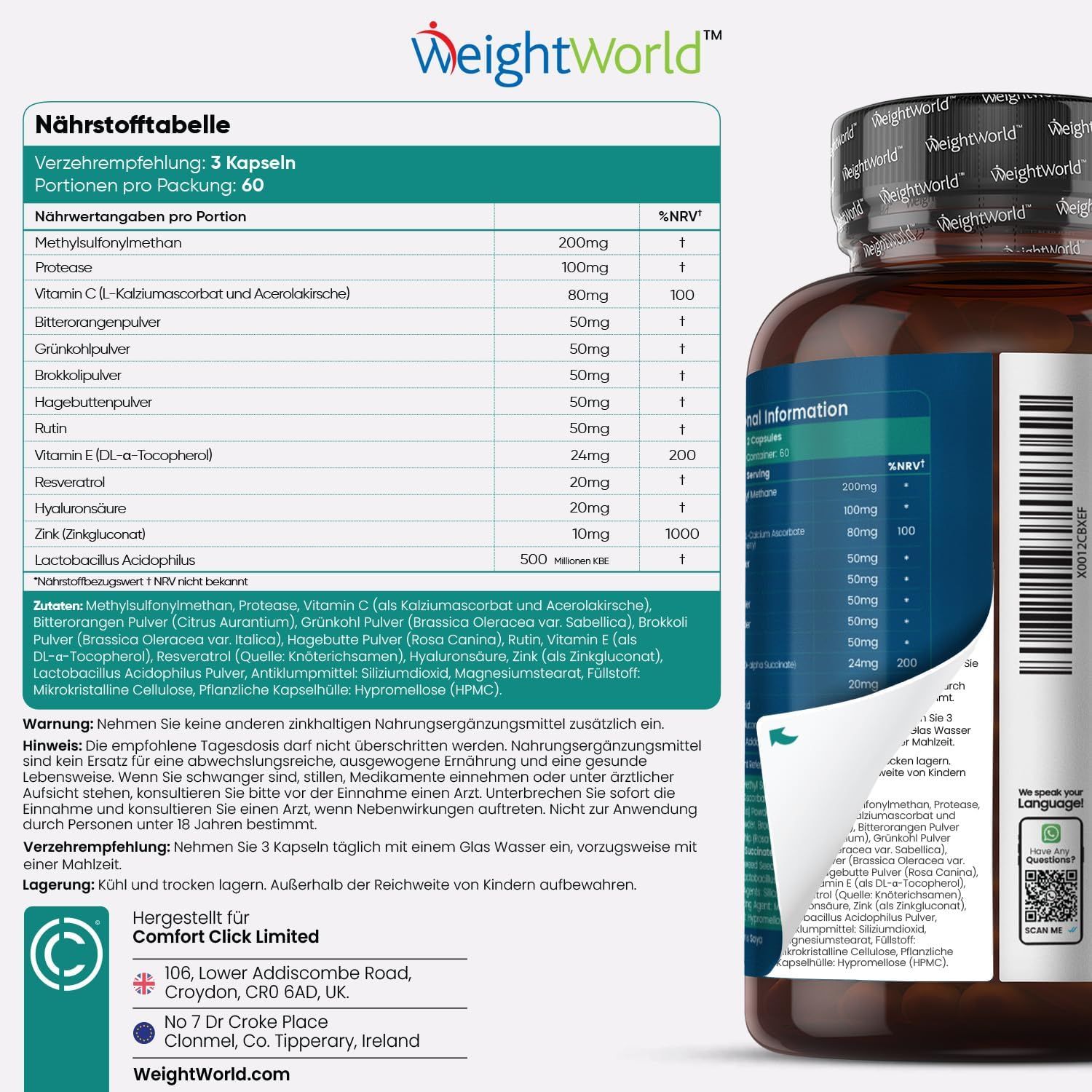 Tabella nutrizionale. 3 capsule per porzione. Contiene: MSM, proteasi, vitamina C, cavolo nero, broccoli, ecc. Avvertenze.