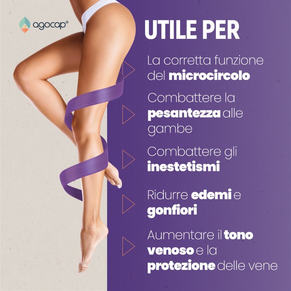 Grafica con gamba e nastro viola. Testo: Utile per microcircolo, gambe pesanti, gonfiori, vene.