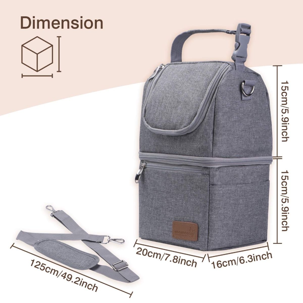 Borsa termica grigia con dimensioni: 20x16x30cm. Tracolla rimovibile. Dimensioni: 125cm. Maniglia e fibbia regolabile.