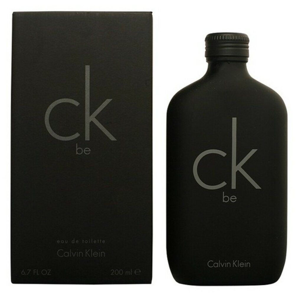 Flacone e scatola neri con logo "ck be" di Calvin Klein. "200 ml e" è indicato sulla scatola e sul flacone.