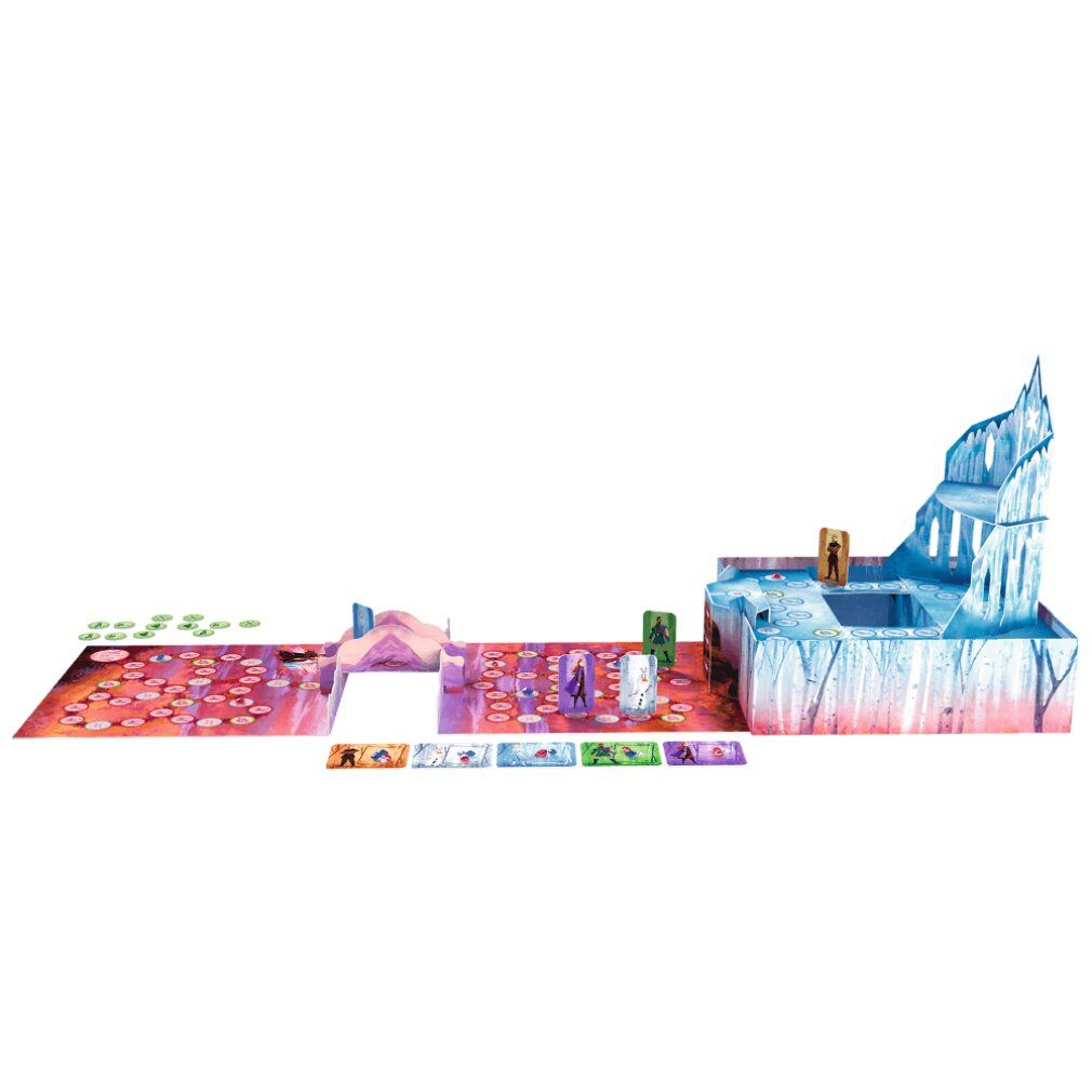Gioco da tavolo aperto con tabellone, elementi 3D e personaggi. Include carte e pedine. Tema Frozen.