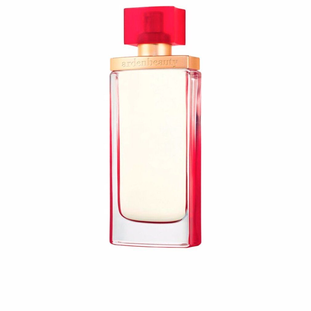 Flacone rettangolare con tappo rosso. Scritta dorata "ardenbeauty". Liquido chiaro. Flacone in vetro trasparente.