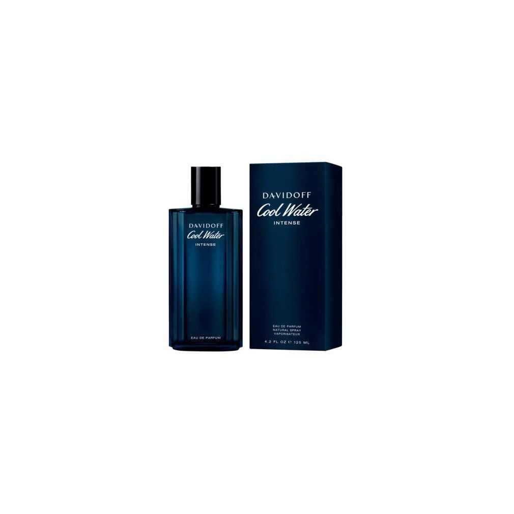 Flacone e scatola di profumo blu. Scritta: Davidoff Cool Water Intense. Eau de Parfum. 4.2 FL OZ 125 ml.