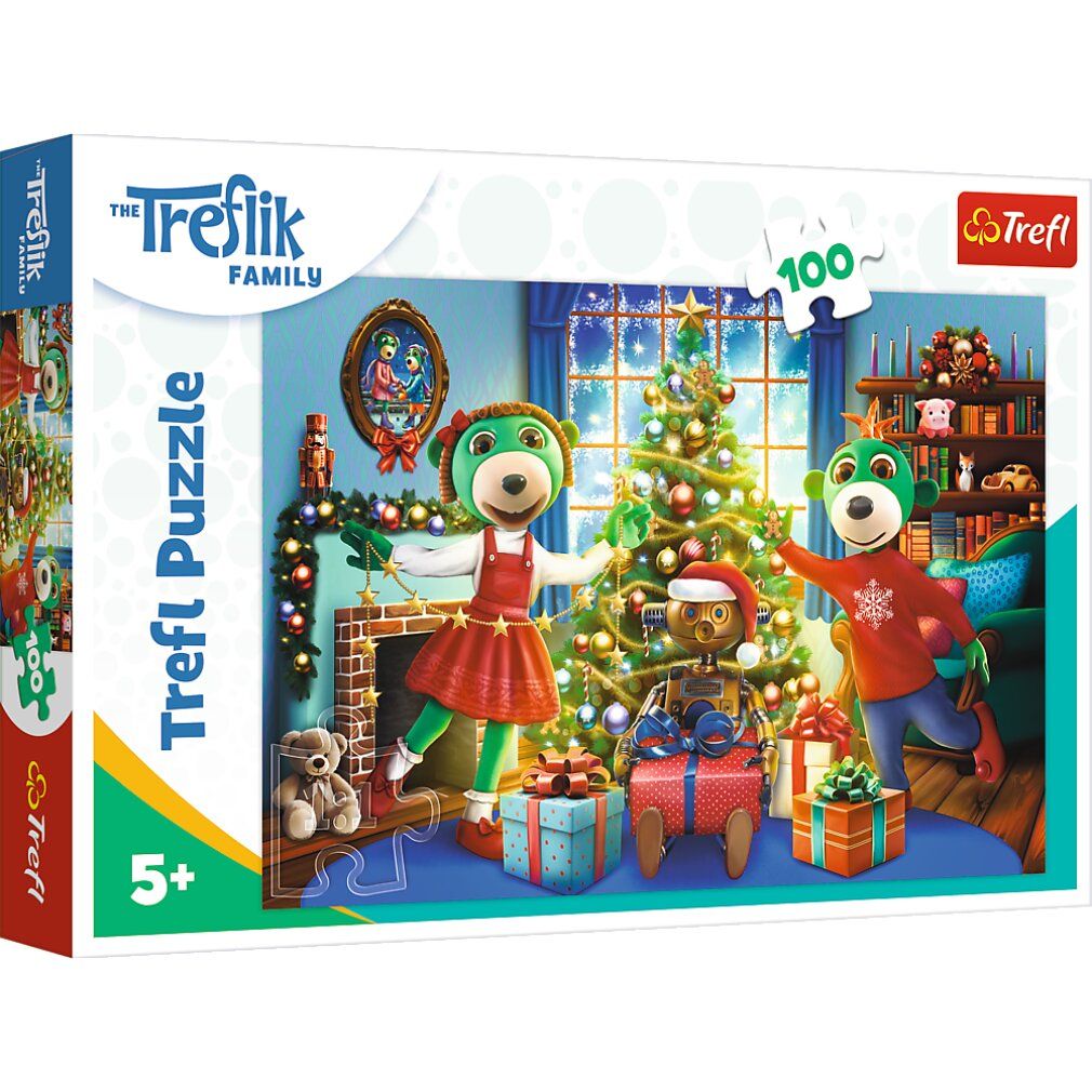 Scatola puzzle con scena invernale. Scritta: Trefl Puzzle, 100 pezzi, dai 5 anni. Personaggi davanti all'albero.
