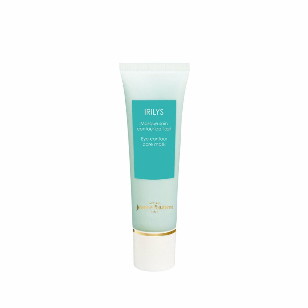 Tubo di maschera per occhi Irilys. Colori turchese e bianco. Testo: Irilys, Masque soin contour de l'œil, Eye contour care mask. Marchio: Jeanne Piaubert.