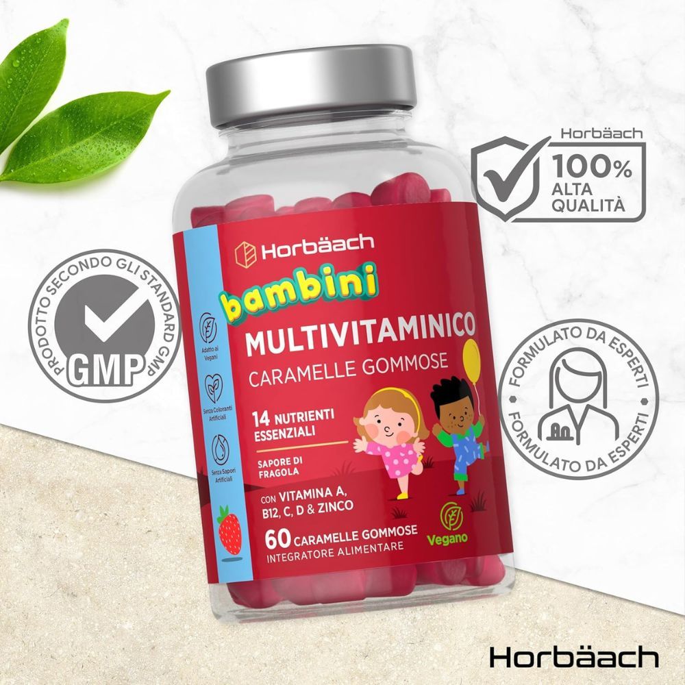 Bottiglia Horbaach Bambini Multivitaminico. 60 caramelle gommose. Certificato GMP. 100% alta qualità. Formulato da esperti.