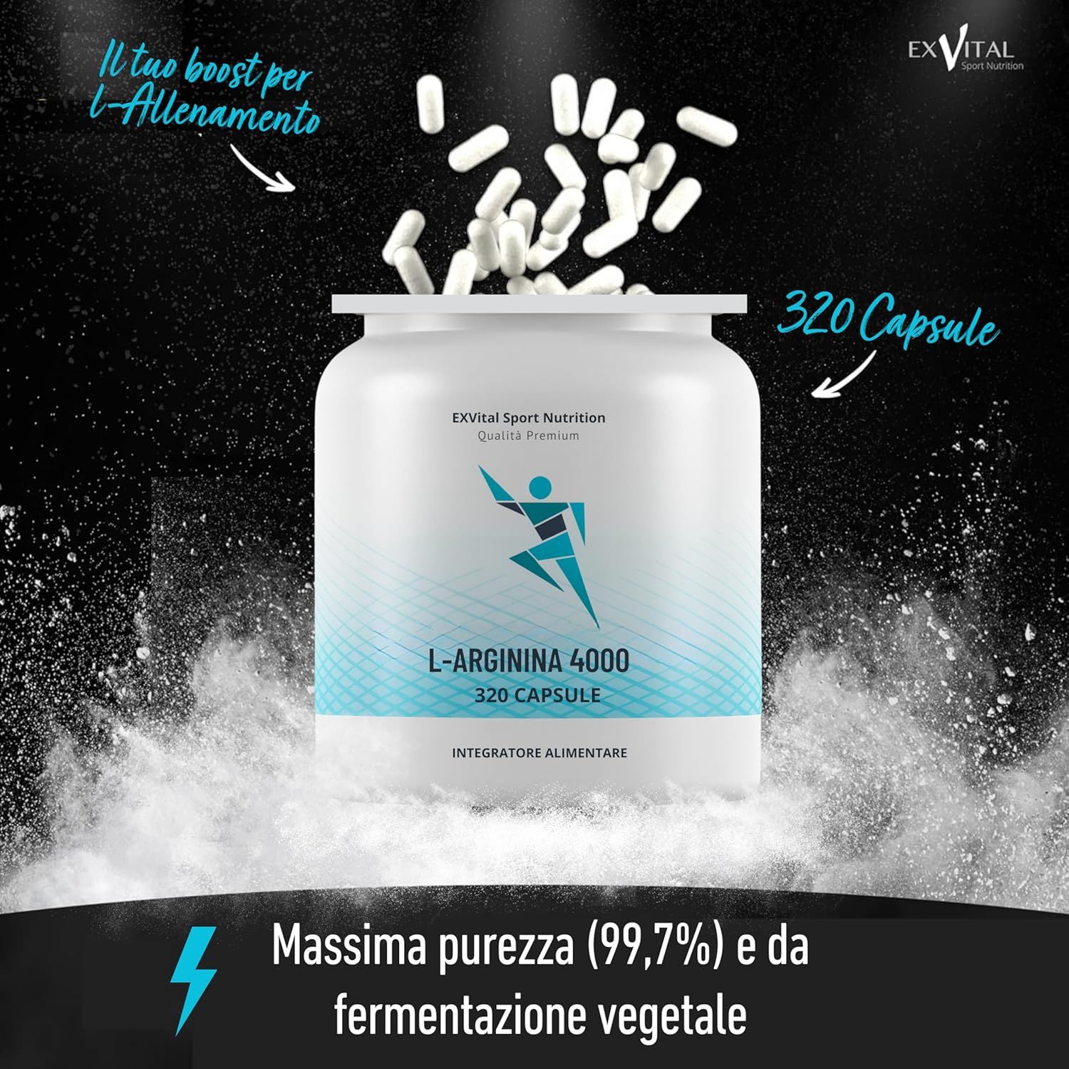 Barattolo bianco L-Arginina 4000. Testo: 320 capsule vegane, sufficienti per 80 giorni. Informazioni sul prodotto.
