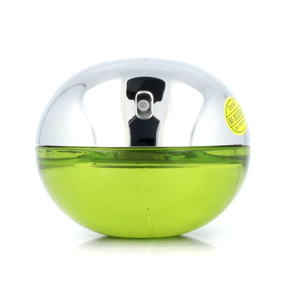 Flacone rotondo con coperchio argentato e liquido giallo-verde. Erogatore visibile. Adesivo: DKNY Be Delicious.