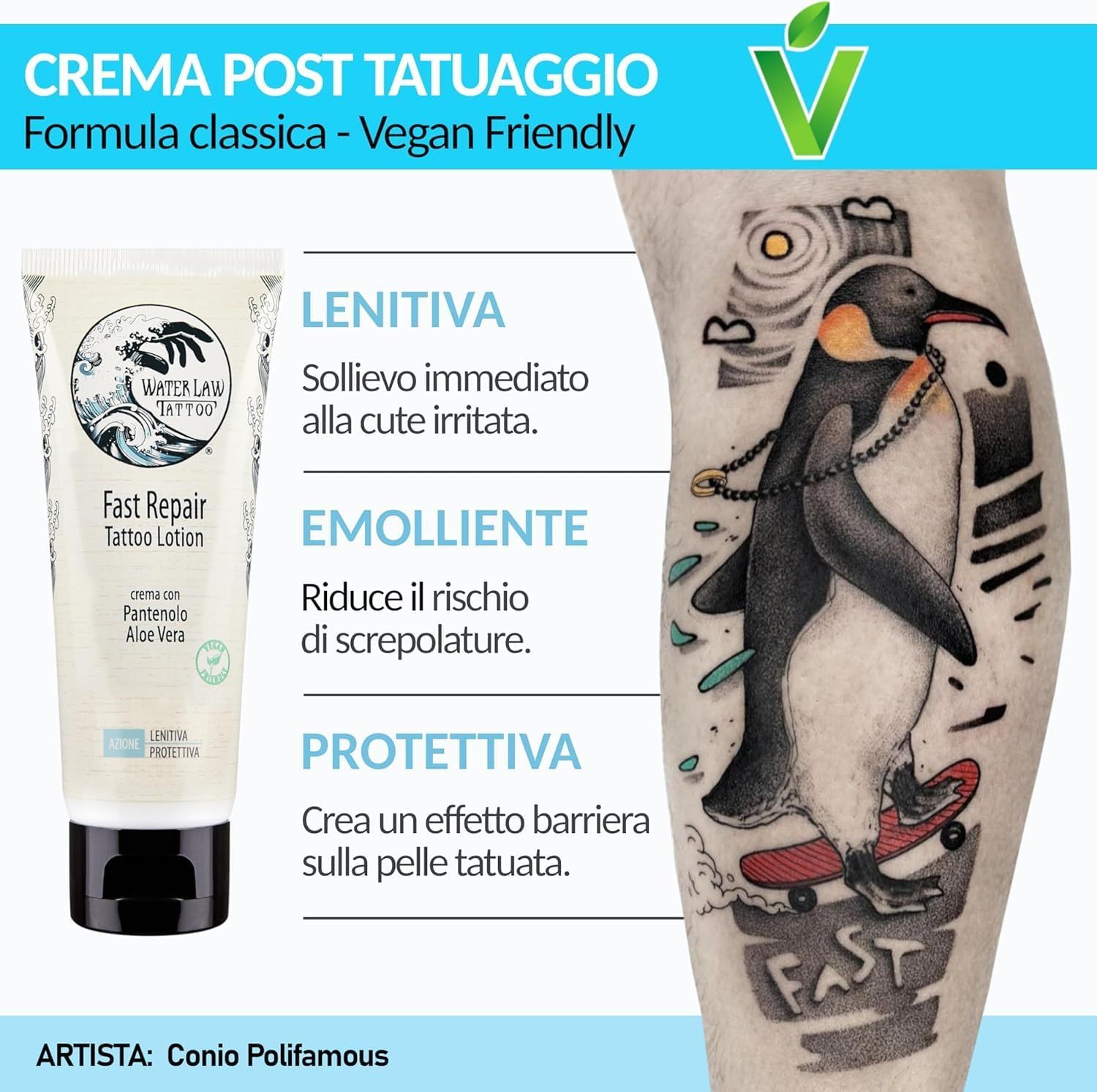 Tubo di crema accanto a una gamba tatuata. Testo: Lenitiva, Emolliente, Protettiva. Logo Vegan Friendly.