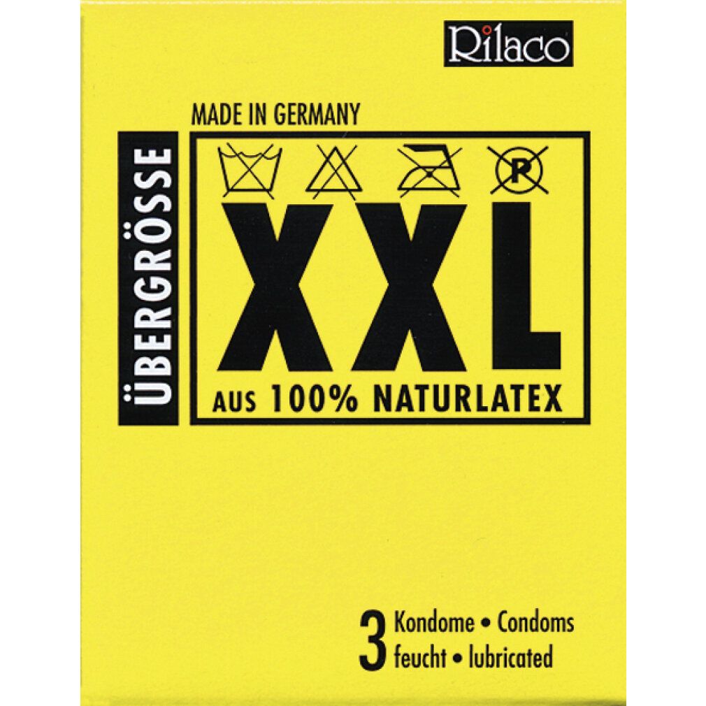 Confezione gialla con testo nero. Taglia XXL, 100% lattice naturale. Contiene 3 preservativi. Marca: Rilaco. Prodotto in Germania.