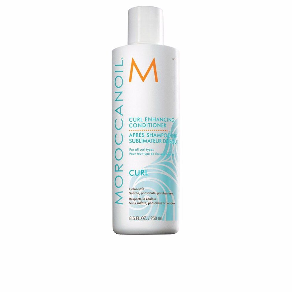 Flacone bianco con etichetta blu. Testo: Moroccanoil, Curl Enhancing Conditioner, 8.5 FL.OZ./250 ml.