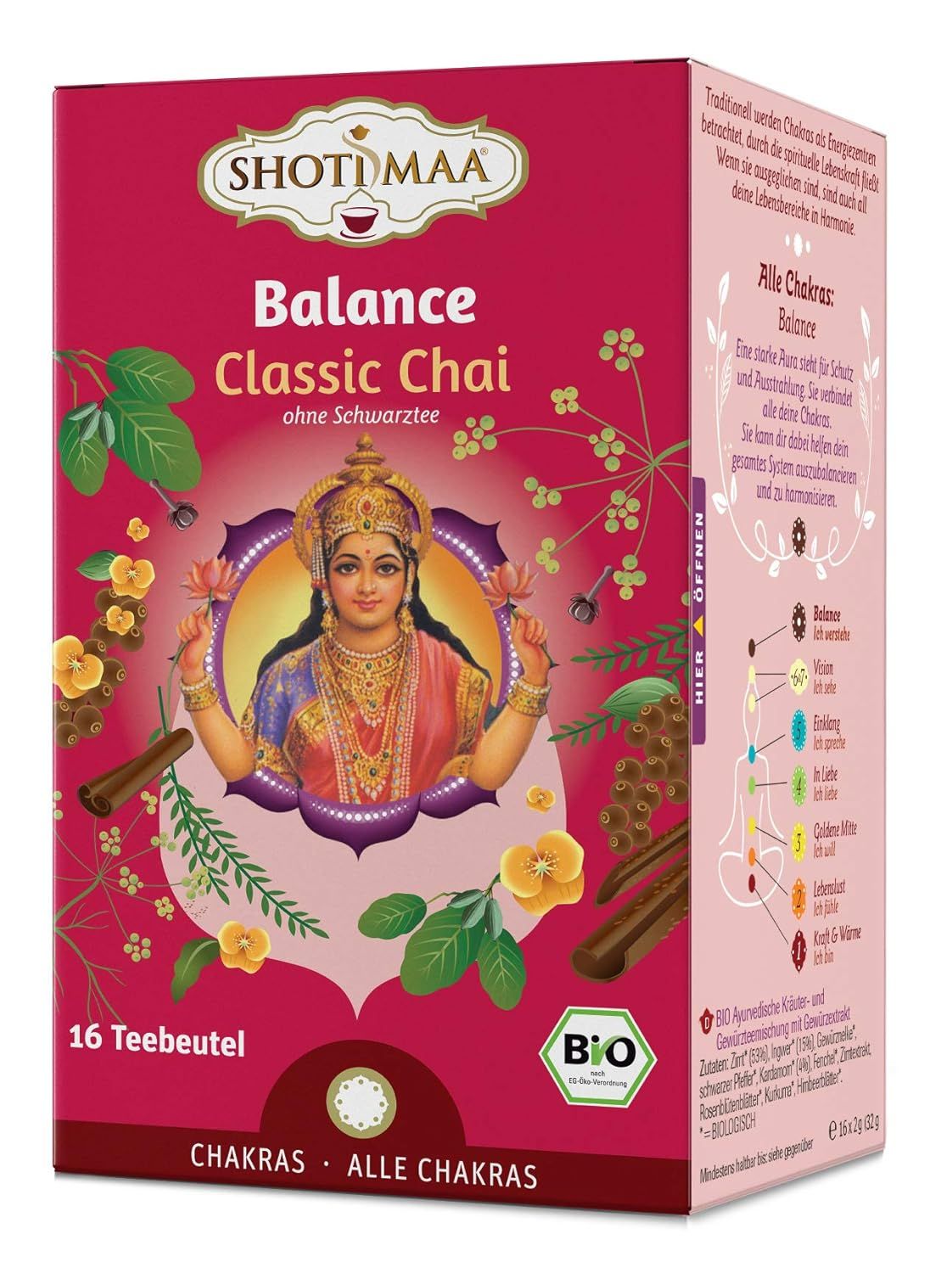 Shoti Maa Balance Classic Chai senza tè nero. 16 bustine di tè. Sigillo Bio e rappresentazione dei chakra.