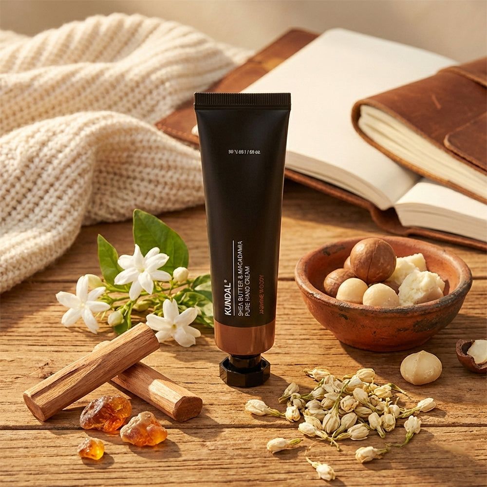 Tubo di crema mani KUNDAL con ingredienti come noci di macadamia e fiori di gelsomino.
