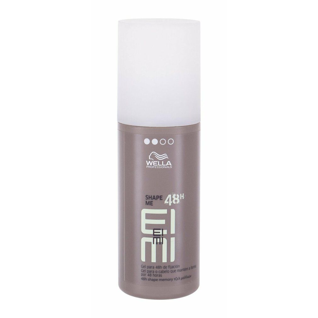 Flacone cilindrico con tappo bianco. Scritta: Wella Eimi Shape Me 48h. Colore beige-marrone.