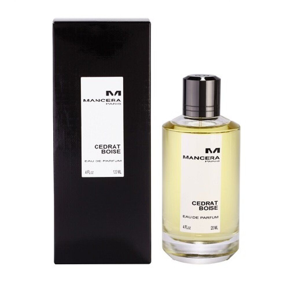 Flacone di profumo e scatola. Scritta: Mancera, Cedrat Boise, Eau de Parfum. Tappo nero, flacone trasparente, scatola nera.