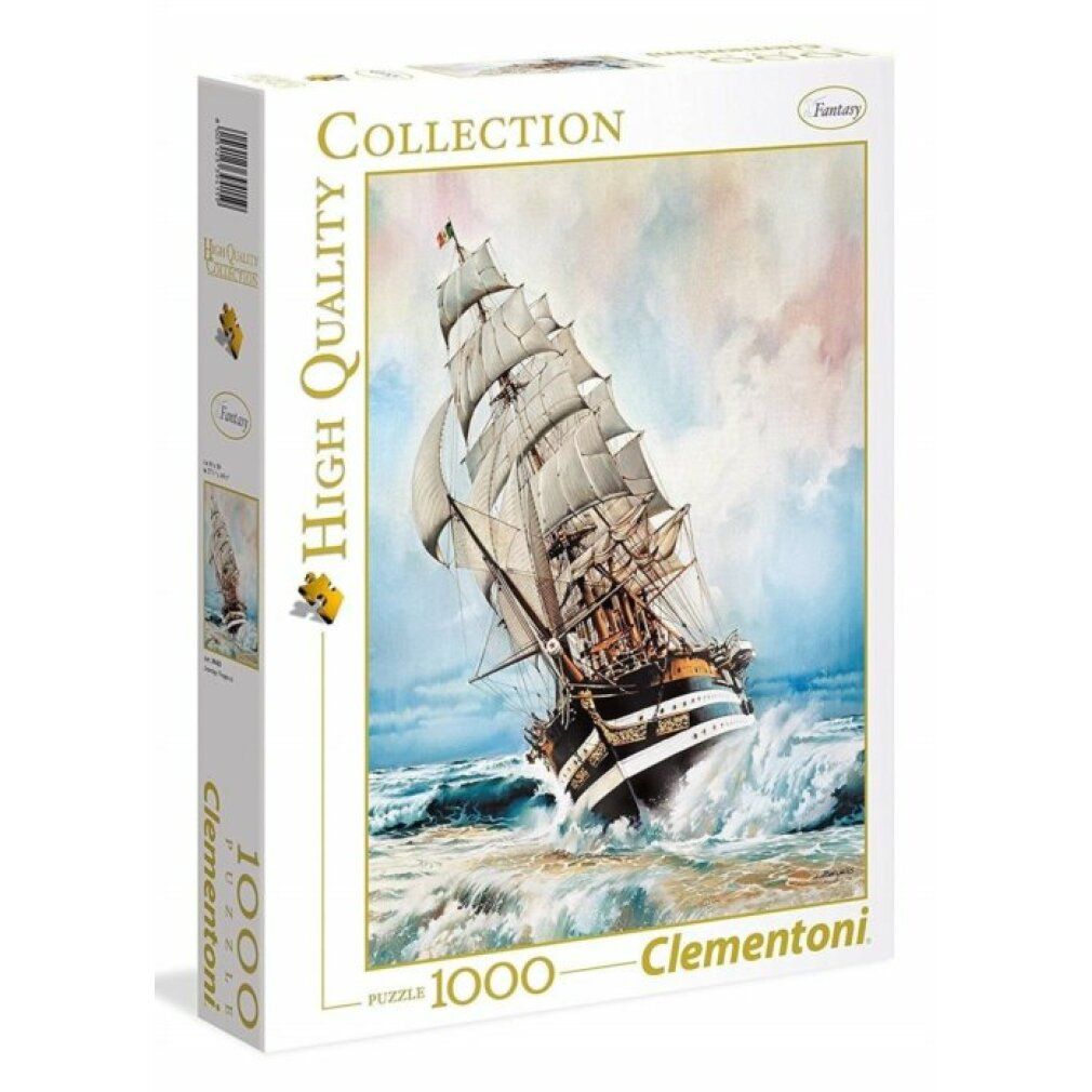 Scatola puzzle con motivo nave a vela. 1000 pezzi. Marchio Clementoni. Collezione di alta qualità. La confezione mostra la nave in mare in tempesta.