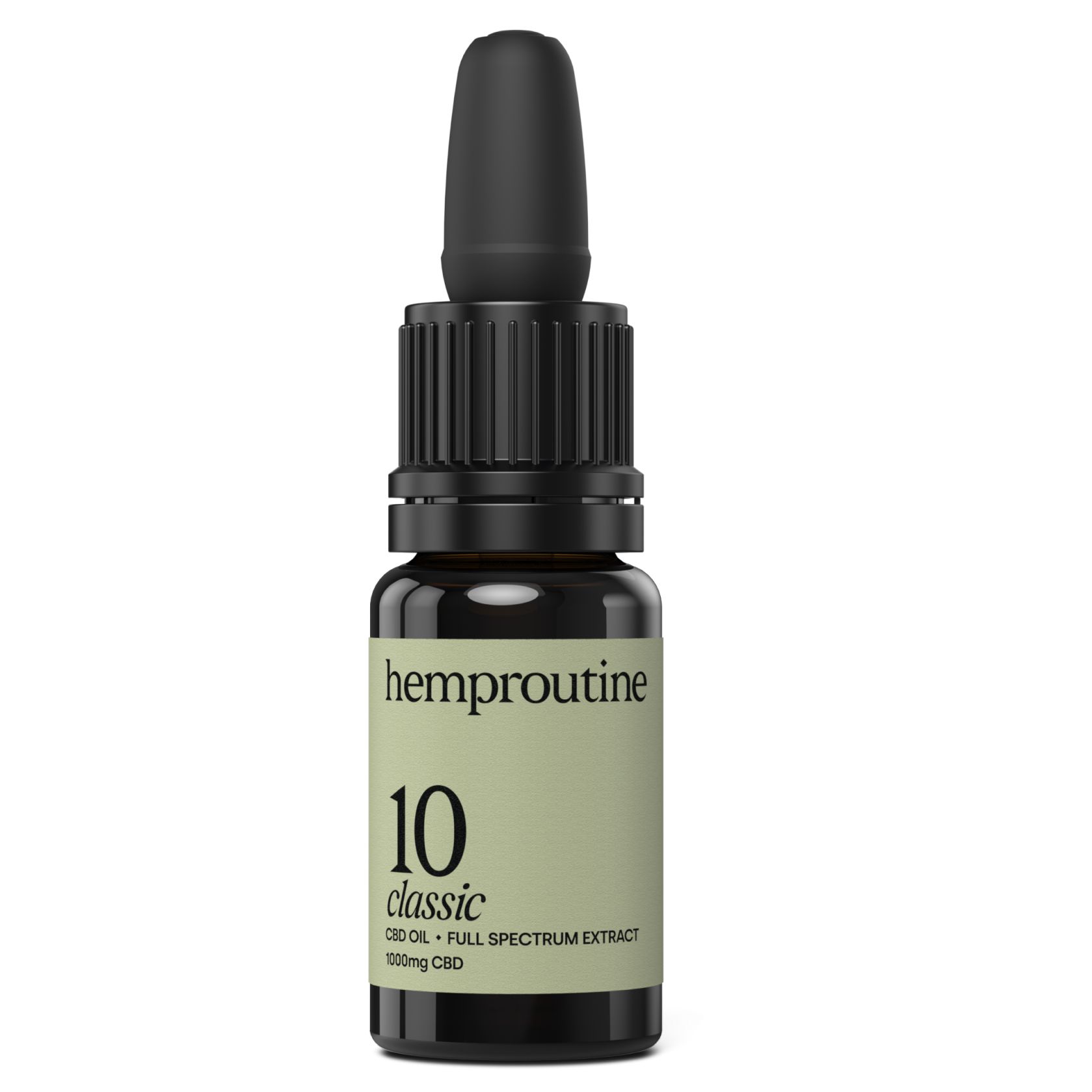 Una bottiglia di vetro marrone di olio CBD "hemproutine 10 classic" con pipetta nera. L'etichetta mostra il nome del marchio, la denominazione del prodotto e la quantità di 1000mg CBD. La bottiglia è su sfondo bianco.